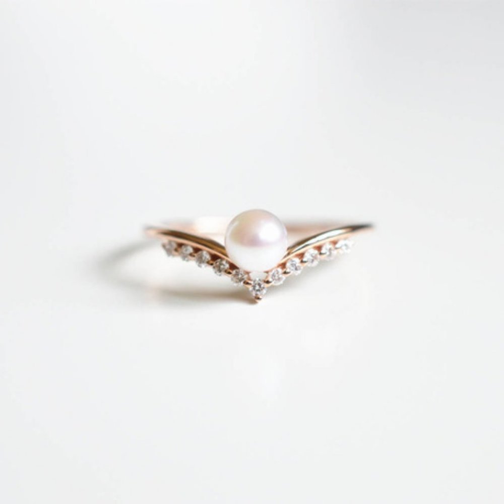 NEW 18K Rose Gold Diamond Pearl Ring - Picture 2 of 4